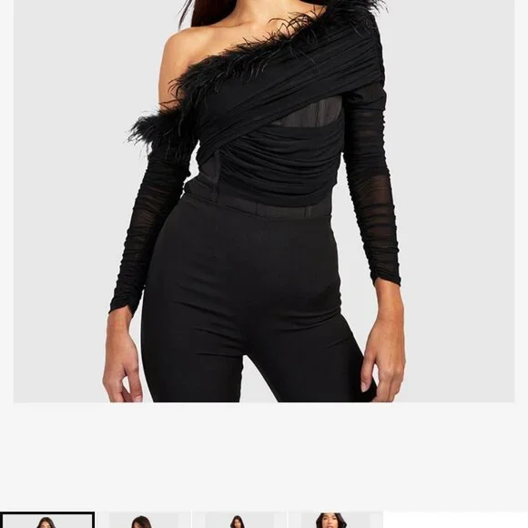 NWT Boohoo Black Feather Trim Off The Shoulder Body Suit Womens 12 Whimsigoth - Picture 1 of 8